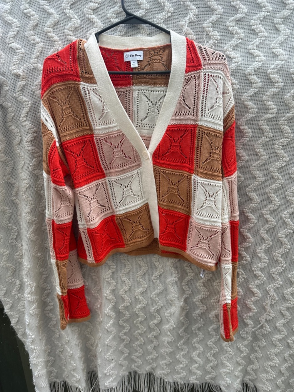 Open-Knit Patchwork Cardigan Sweater - Cream Red Tan - Picture 3 of 9